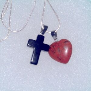 Boho hippie Red Jasper Heart and Onyx Cross Silver 24” Ne…